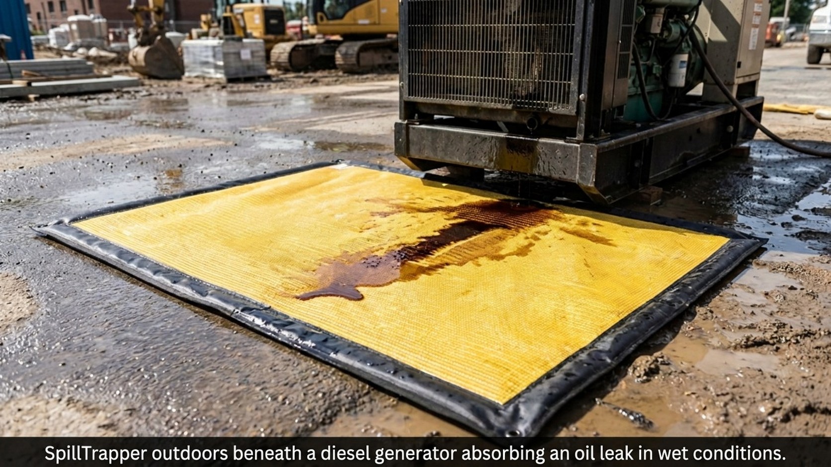SpillTrapper oil-selective absorbent mat beneath a diesel generator capturing an oil leak in wet outdoor conditions